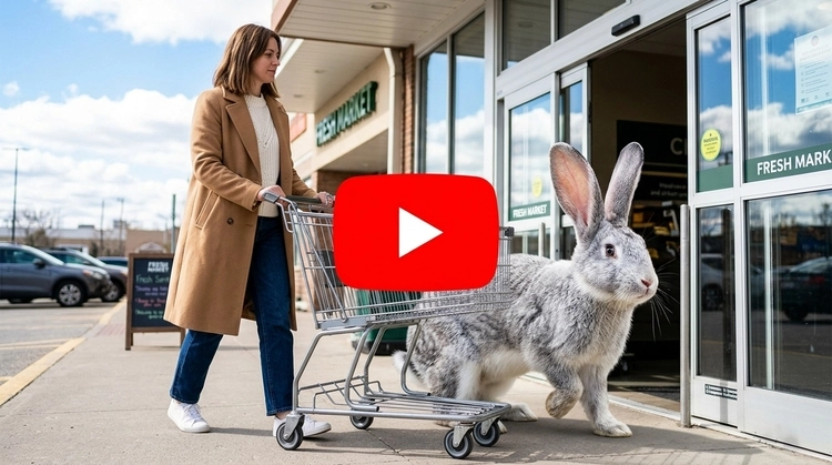 Surreal Giant Rabbit Grocery Shopping AI Video Prompt