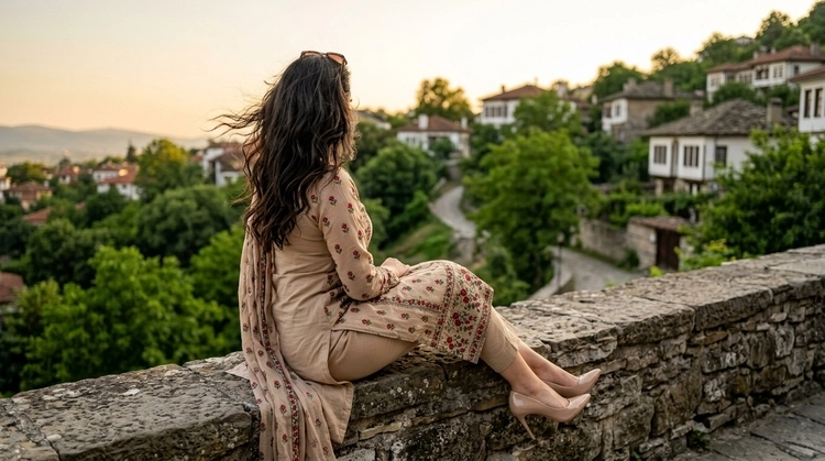 Cinematic 8K Portrait: Elegant Woman in Floral Salwar Kameez Overlooking a Scenic Hill Town